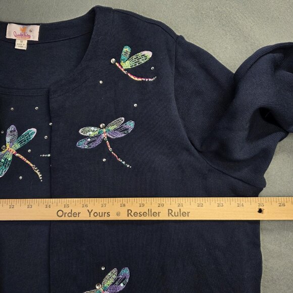Quacker Factory Sweater Set Womens 1X Blue Dragonfly Rhinestone 2 in 1 Twinset - Picture 10 of 14